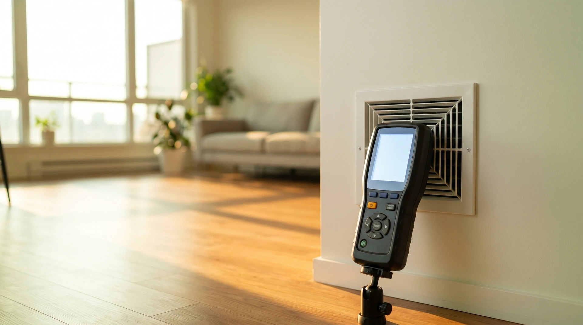 Mätinstrument monterat på stativ framför ventilationsgaller i ljust rum.