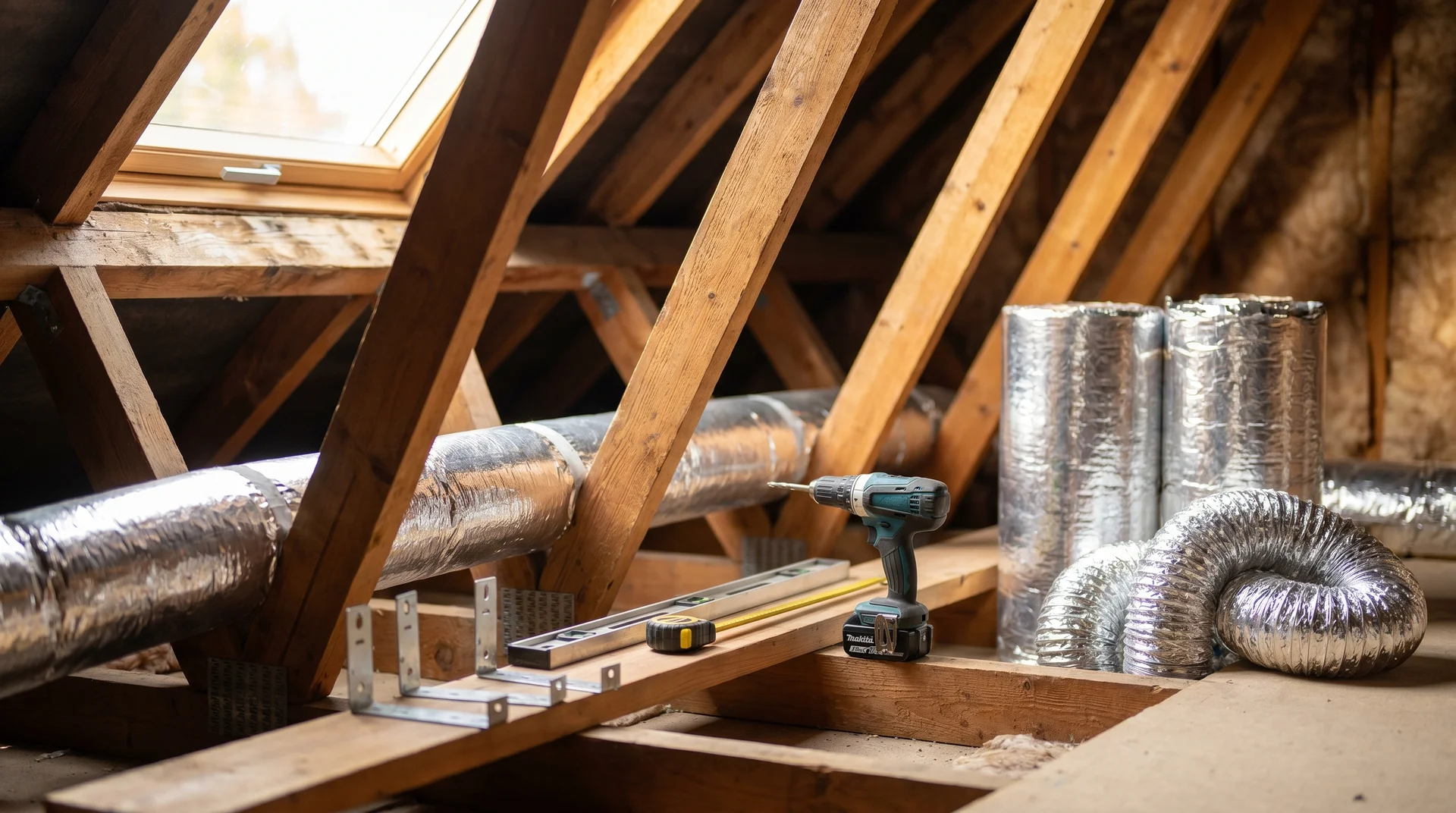 Vindsutrymme med isolering, ventilationskanaler och verktyg under pågående renovering.