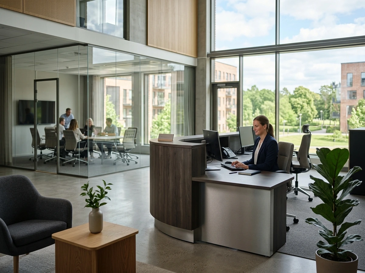 Modern kontorsmiljö med receptionist vid disk och mötesrum med glasväggar