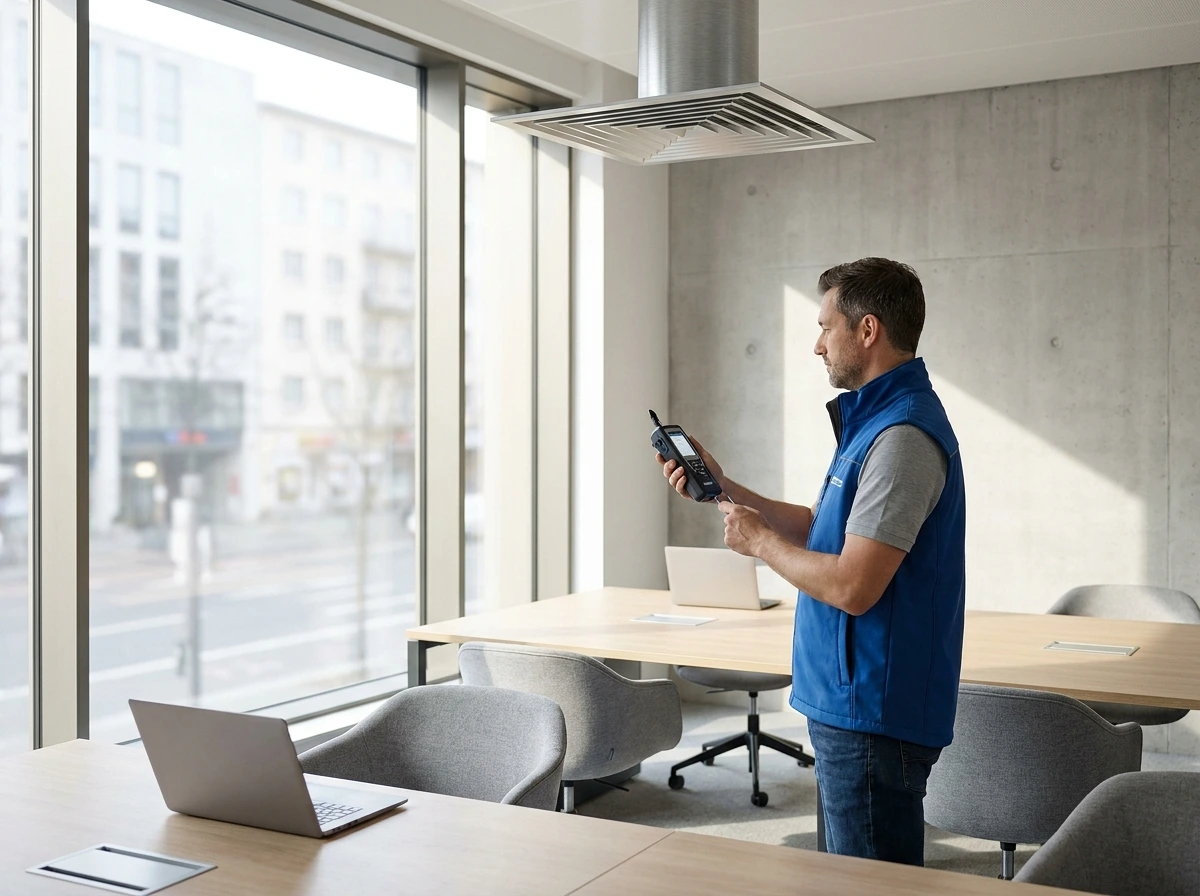 Man i blå väst använder walkie-talkie i modernt konferensrum